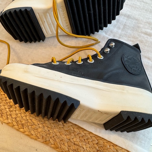 Converse Black and White High-Top Sneakers with Yellow Laces - Picture 2 of 9